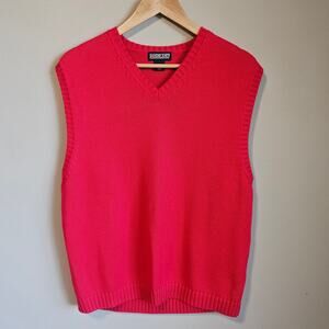 Lands’ End Sweater Vest Mens L Red Cotton Knit V Neck Pullover Preppy Old Money